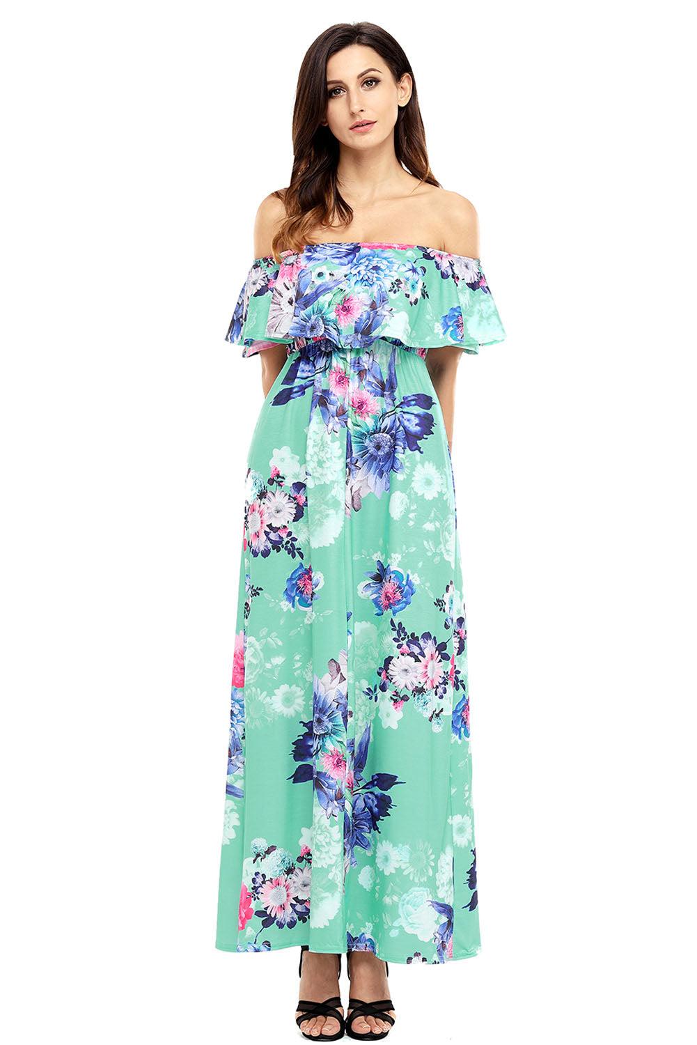 Flower Print Black Grounding Off Shoulder Long Boho Dress