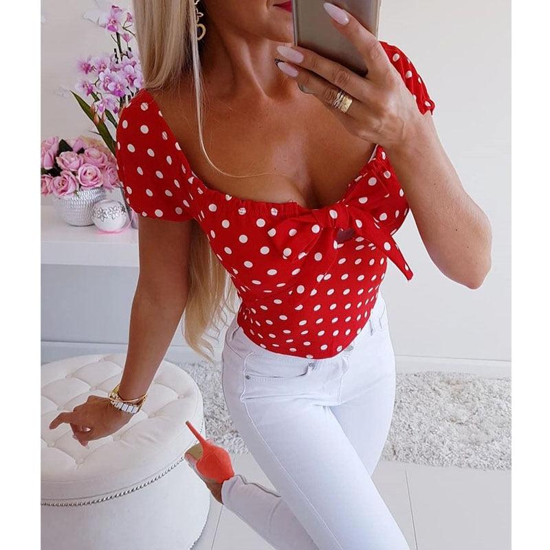 Polka Dot Print Short Sleeve  Lady O-Neck Bow Blouse