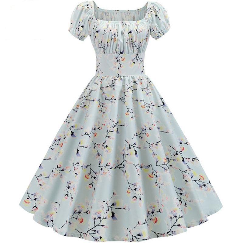 Floral Printed Puff Sleeve Elegant A-line Midi Party Dress