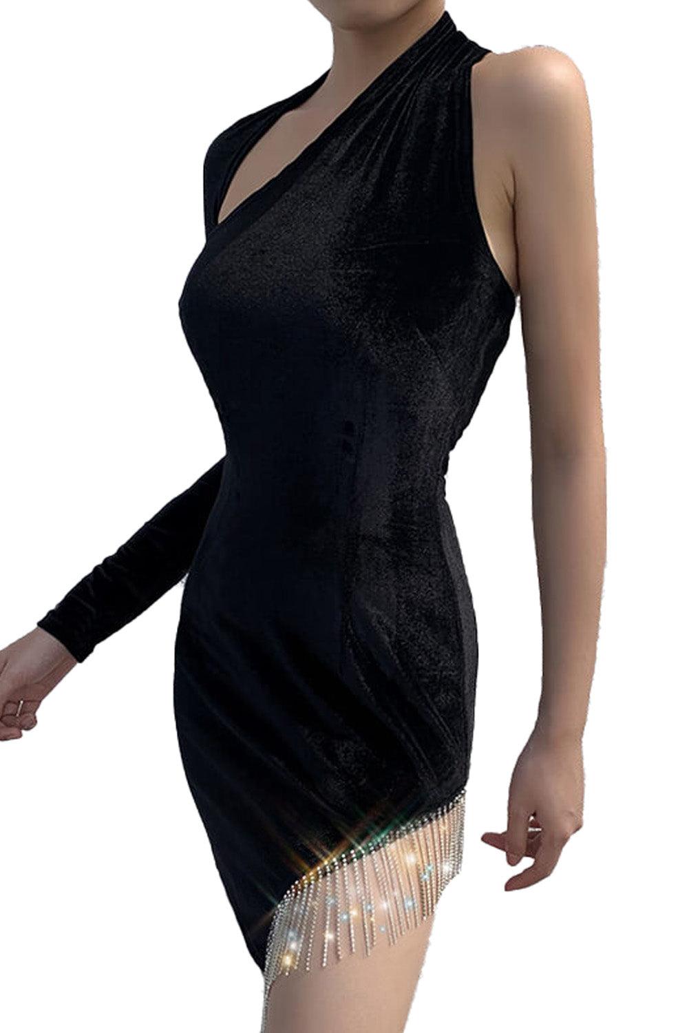 Burgundy Fringe One Shoulder Long Sleeve Mini Dress
