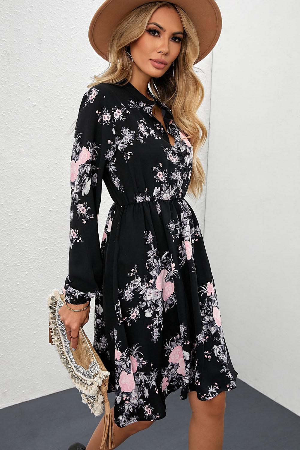 Wine Red Floral Print Elastic Waist Button Mini Dress