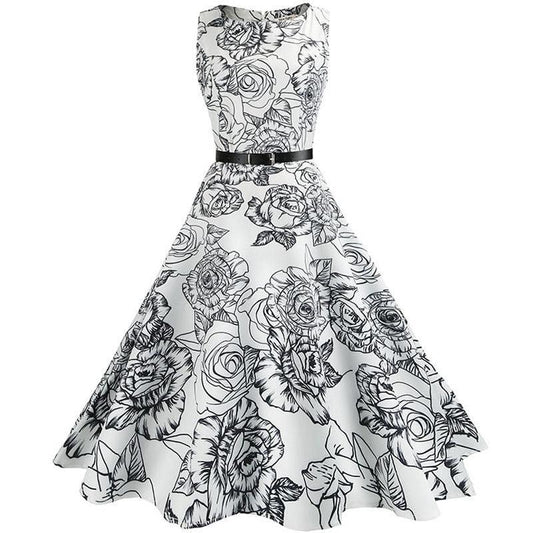 Women Robe Elegant Vintage Retro Swing Rockabilly Dress High Waist Floral Runway Sundress