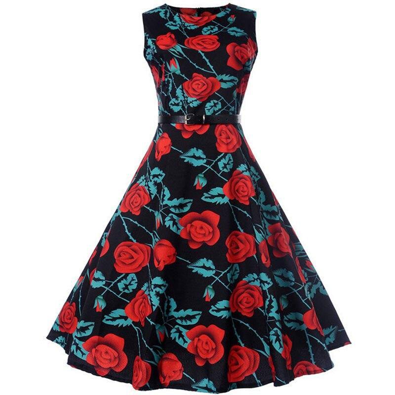 Women Robe Elegant Vintage Retro Swing Rockabilly Dress High Waist Floral Runway Sundress