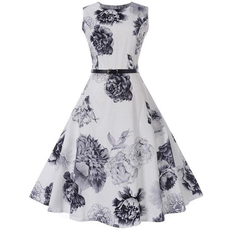 Women Robe Elegant Vintage Retro Swing Rockabilly Dress High Waist Floral Runway Sundress
