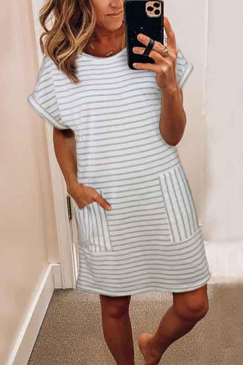 Striped Casual Short Dress with Pocket