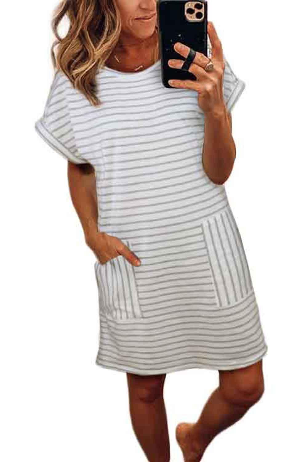 Striped Casual Short Dress with Pocket