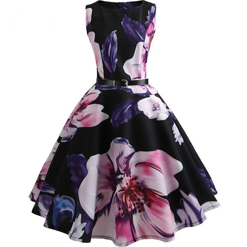 Sleeveless Floral Vintage Elegant Dresses Casual robe femme Party Midi Dress with Belt