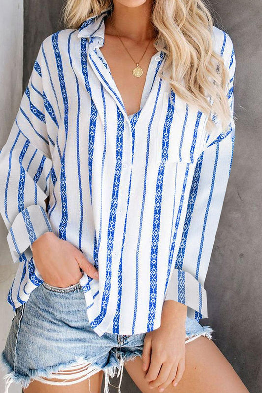 Stripe Print Button Shirt with Pocket