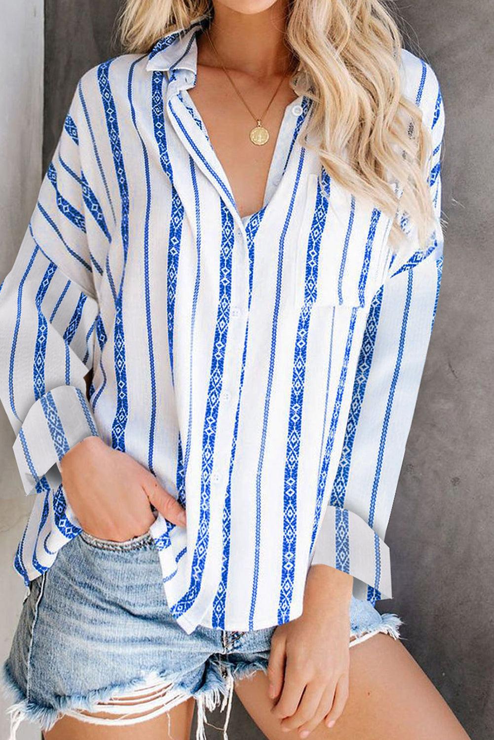 Stripe Print Button Shirt with Pocket
