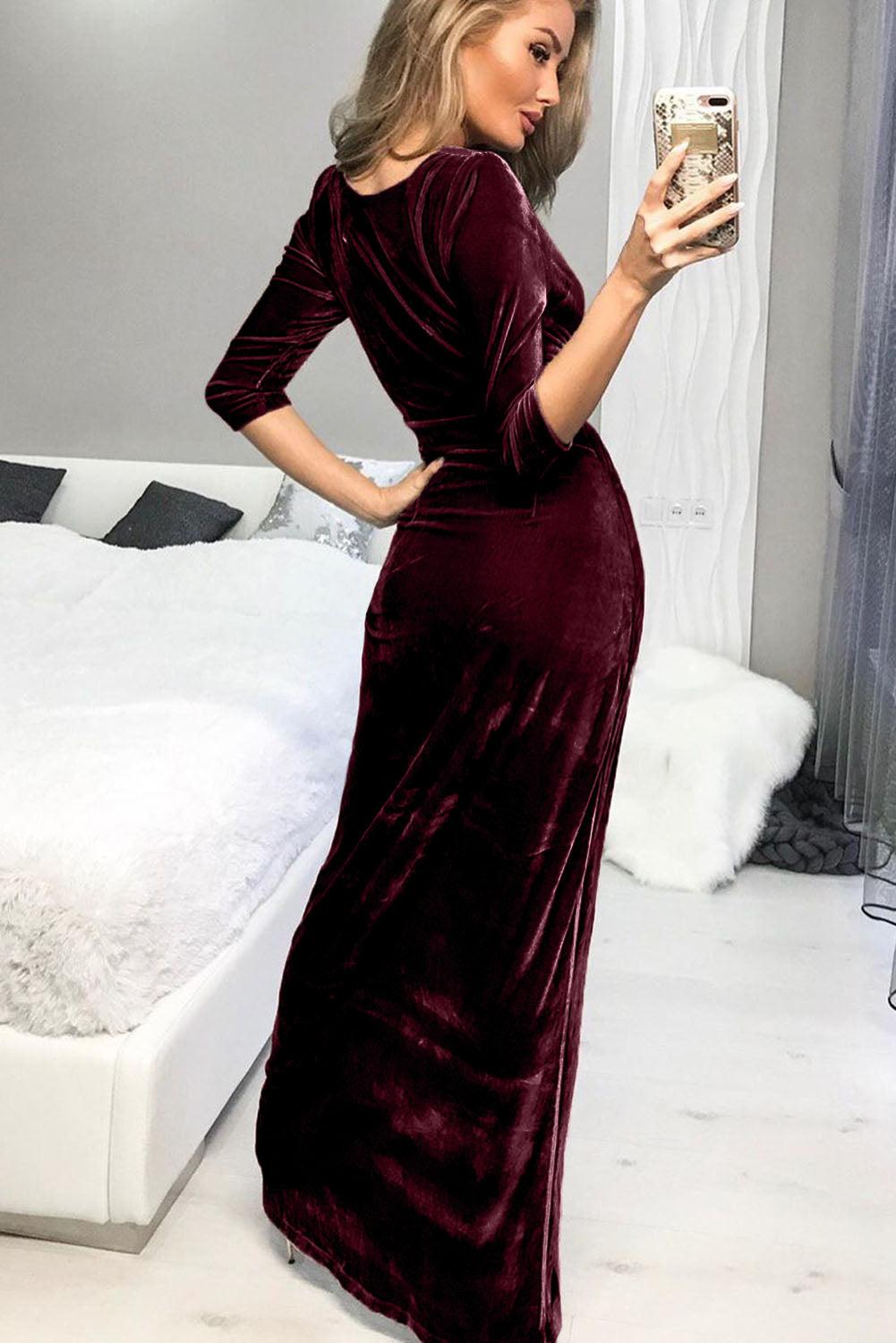 Deep V Neck Ruched Side Slit Party Velvet Dress