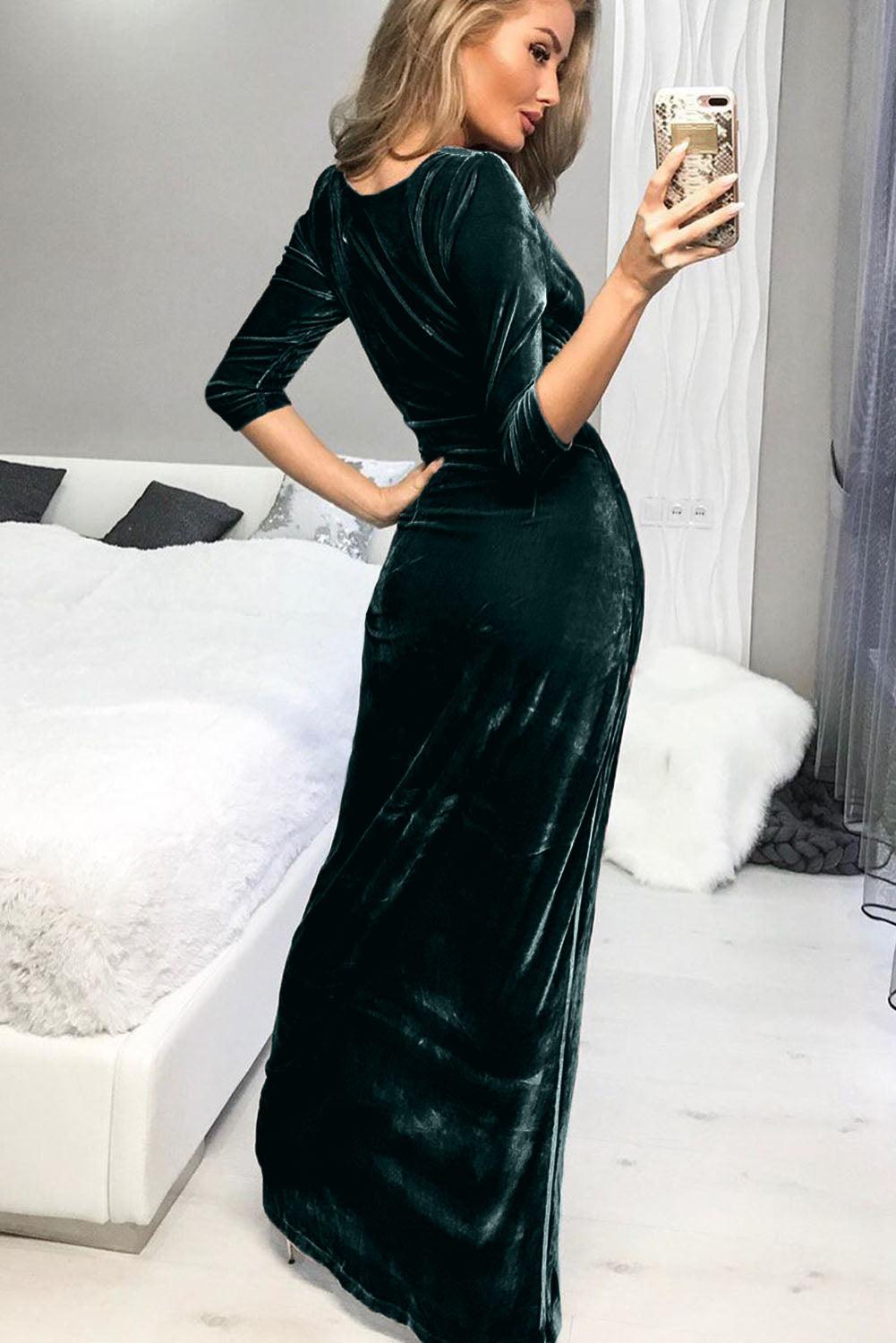 Deep V Neck Ruched Side Slit Party Velvet Dress