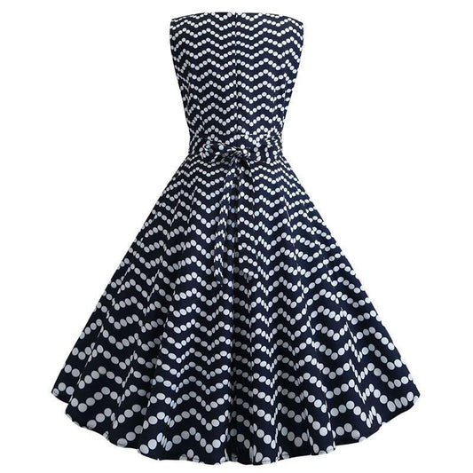 Wave Print Women Robe 50s 60s Rockabilly Swing Pinup Elegant Dot Party Dress