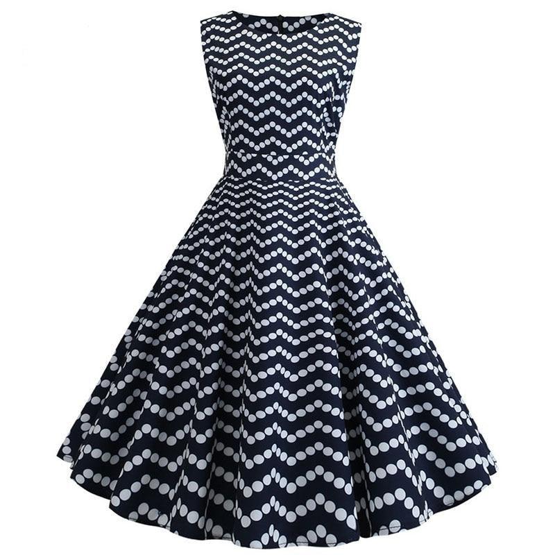 Wave Print Women Robe 50s 60s Rockabilly Swing Pinup Elegant Dot Party Dress