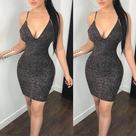 Women Ladies Fashion  Summer Evening Party Dress Sleeveless Deep V-Neck Skinny High Waist Solid Sequined Mini Dress