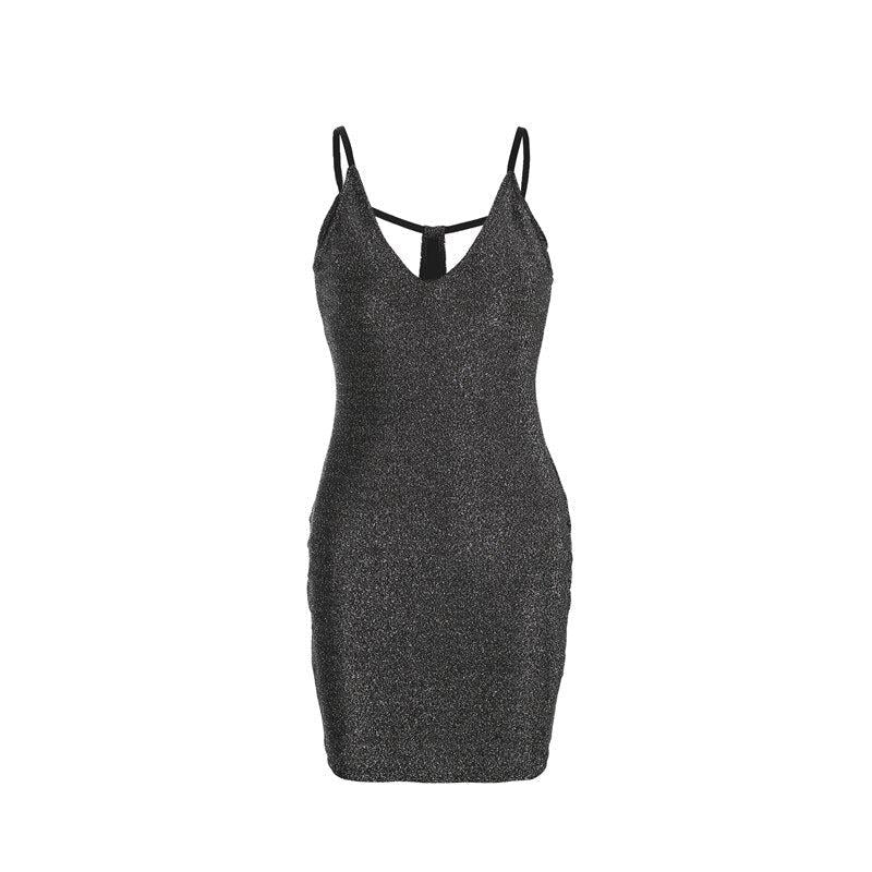 Women Ladies Fashion  Summer Evening Party Dress Sleeveless Deep V-Neck Skinny High Waist Solid Sequined Mini Dress