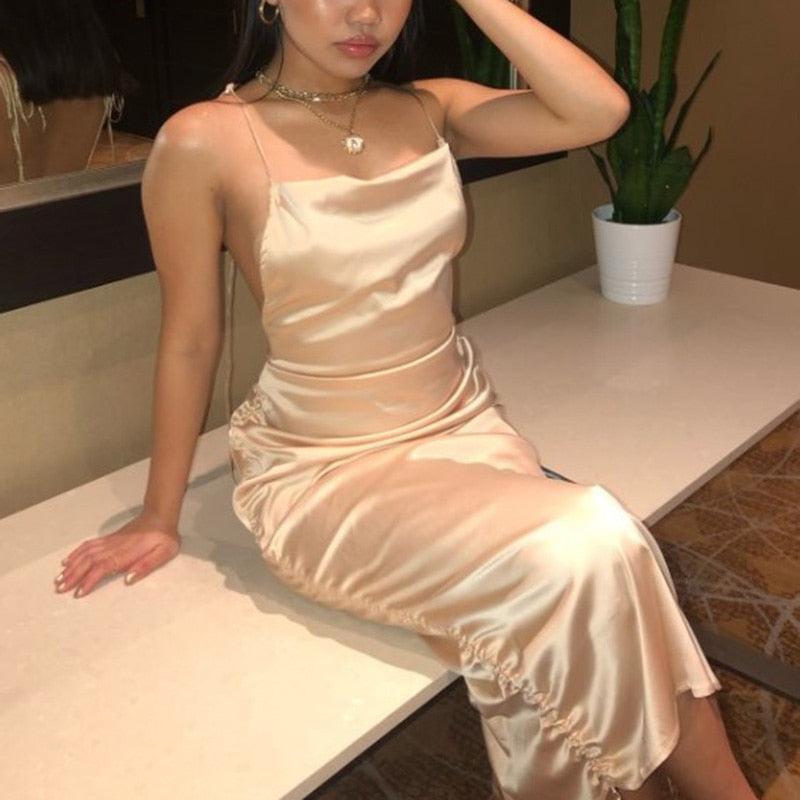 Satin Drawstring Ruched Dress For Women Solid Sleeveless  Sling Dresses Ladies Autumn Clubwear Party Breachwear