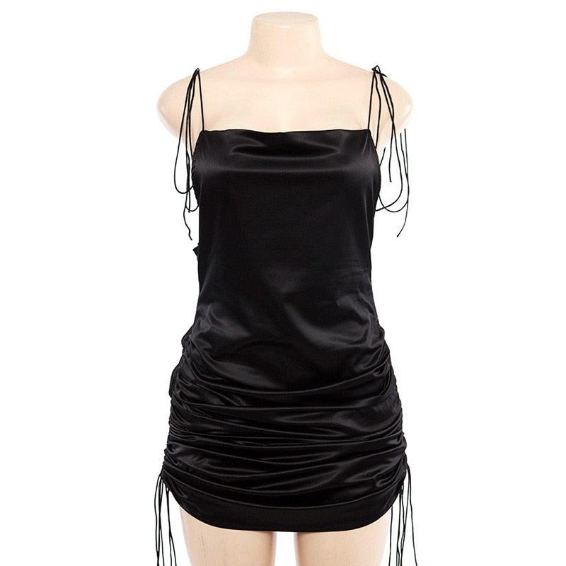 Satin Drawstring Ruched Dress For Women Solid Sleeveless  Sling Dresses Ladies Autumn Clubwear Party Breachwear