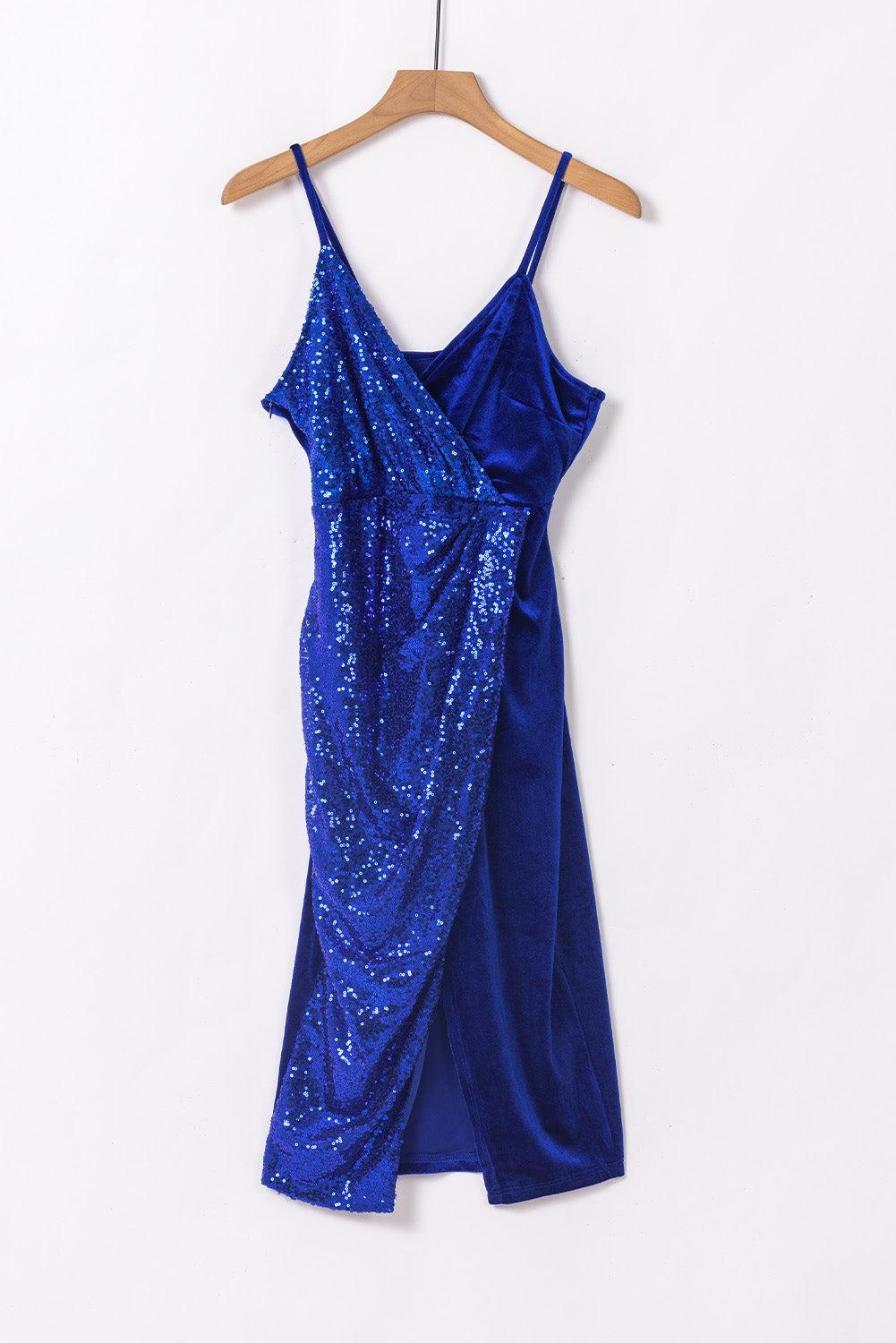 Deep V Neck Sequins Side Split Spaghetti Straps Midi Dress