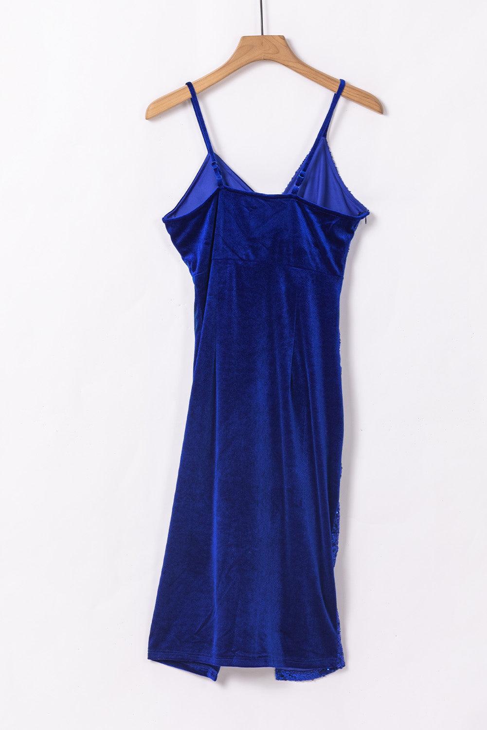 Deep V Neck Sequins Side Split Spaghetti Straps Midi Dress