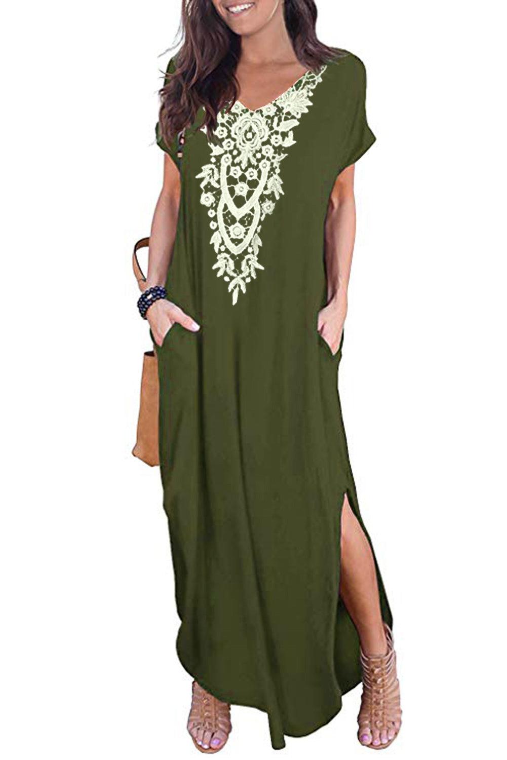 Lace Front Pocket Short Sleeve Split Casual Loose Maxi Dress