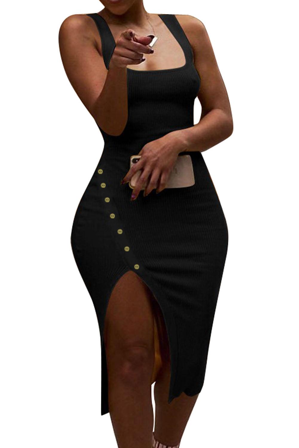 Button Design Plain Sleeveless Slit Dress