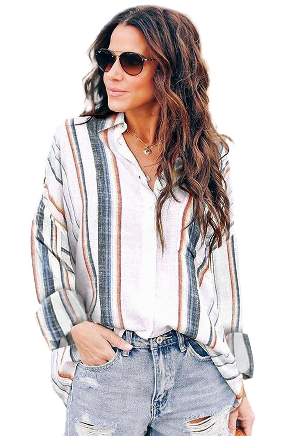 Stripe Print Button Down Shirt with Pocket