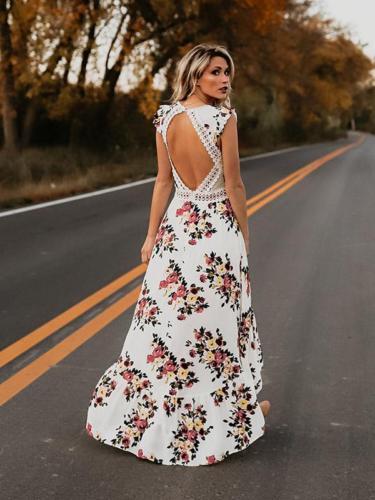 Summer New Women Elegant Vintage Boho Long Maxi Dress  Backless Party Beach Dress Floral Sundress