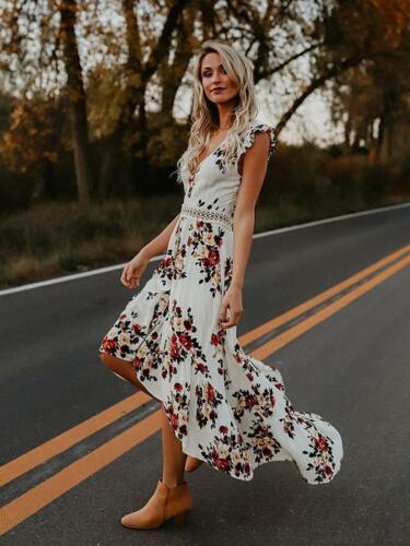 Summer New Women Elegant Vintage Boho Long Maxi Dress  Backless Party Beach Dress Floral Sundress