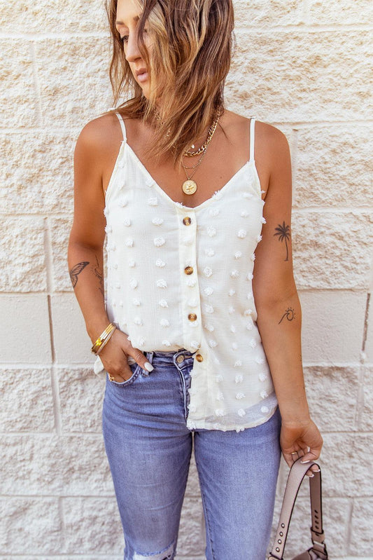 Beige Button Front Swiss Dot Tank