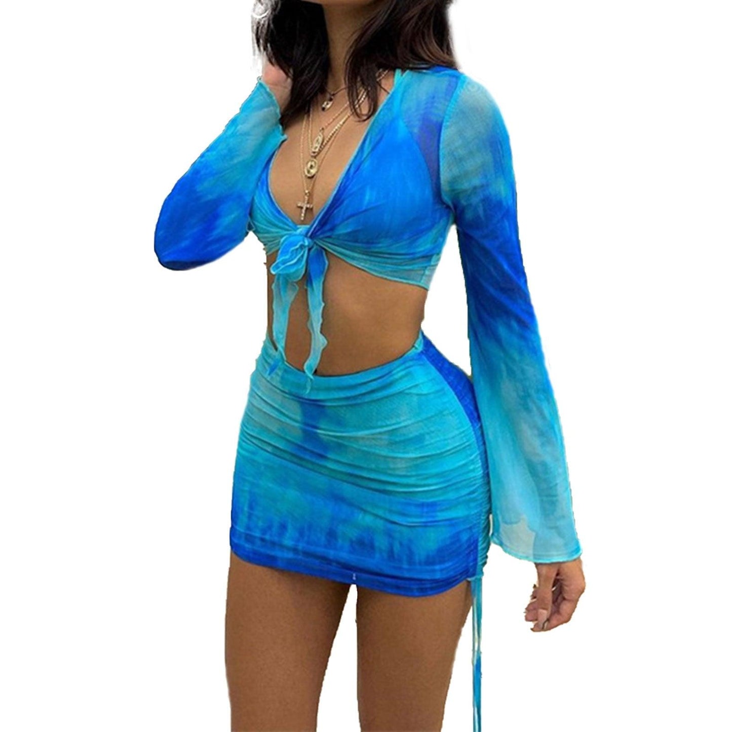 Summer Women Tie-dye Printing Two Piece Skirt Outfits Stylish Mesh Tie Knot Crop Tops  Drawstring Mini Skirt Set Beachwear