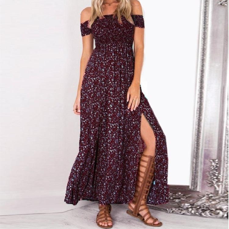 Strapless Beach Summer Dress Sundresses Vintage Bohemian Maxi Dress Robe Femme Boho Floral Women Split Long Dresses Vestido