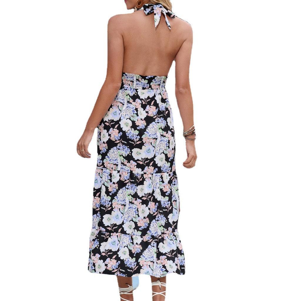 Summer Hot  Backless Chiffon Dress Bohemian Long Dress Printed Beach Dress Maxi Dress
