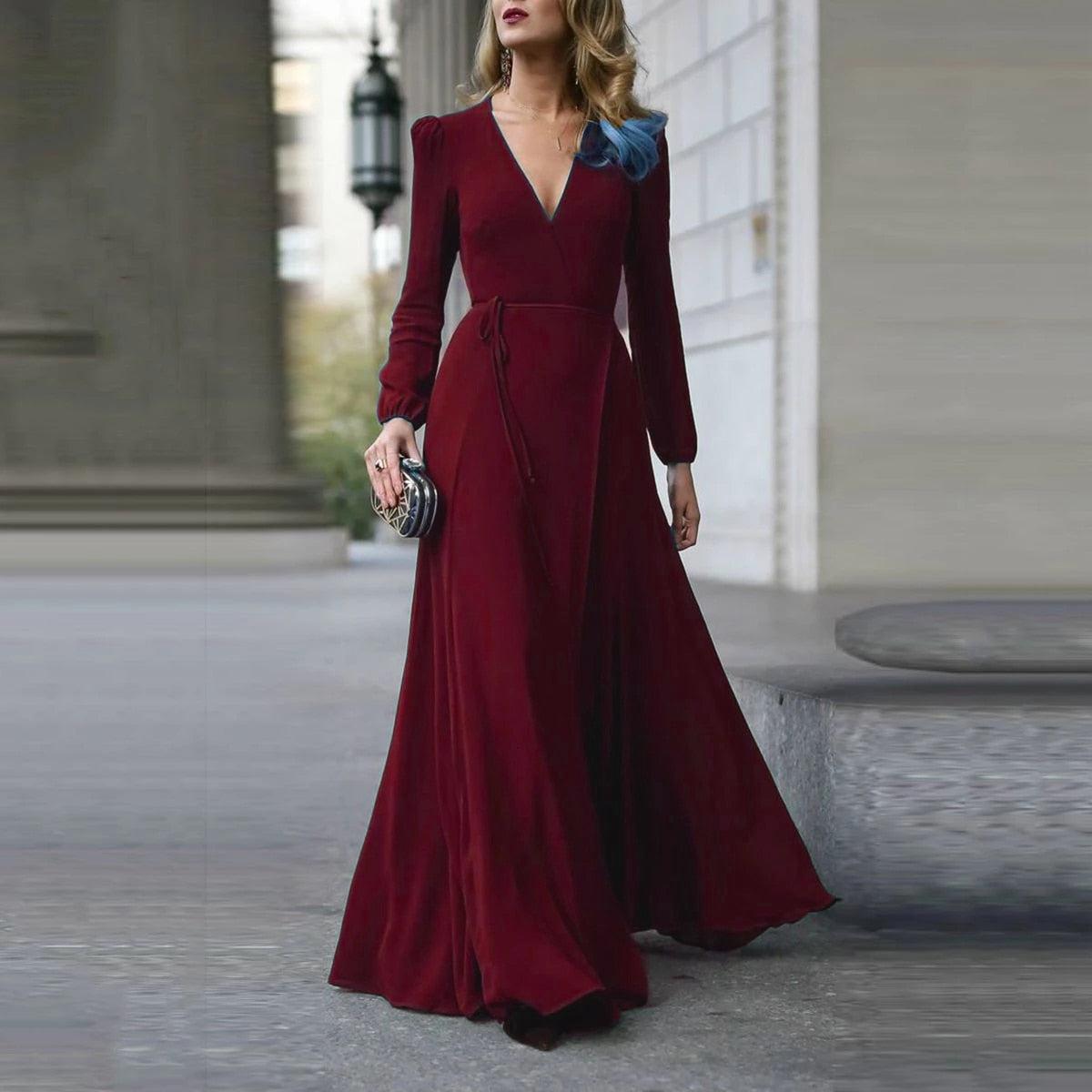 V Neck Long Sleeve Formal Maxi Dress Solid color Bandage Office Ladies Evening Party Prom Gown Women Autumn Dresses