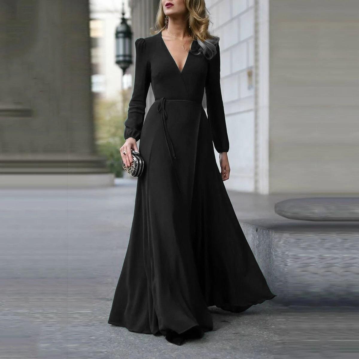V Neck Long Sleeve Formal Maxi Dress Solid color Bandage Office Ladies Evening Party Prom Gown Women Autumn Dresses
