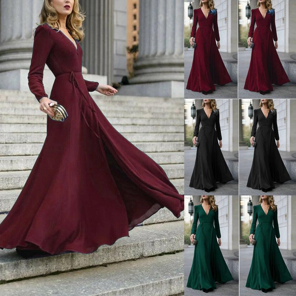 V Neck Long Sleeve Formal Maxi Dress Solid color Bandage Office Ladies Evening Party Prom Gown Women Autumn Dresses