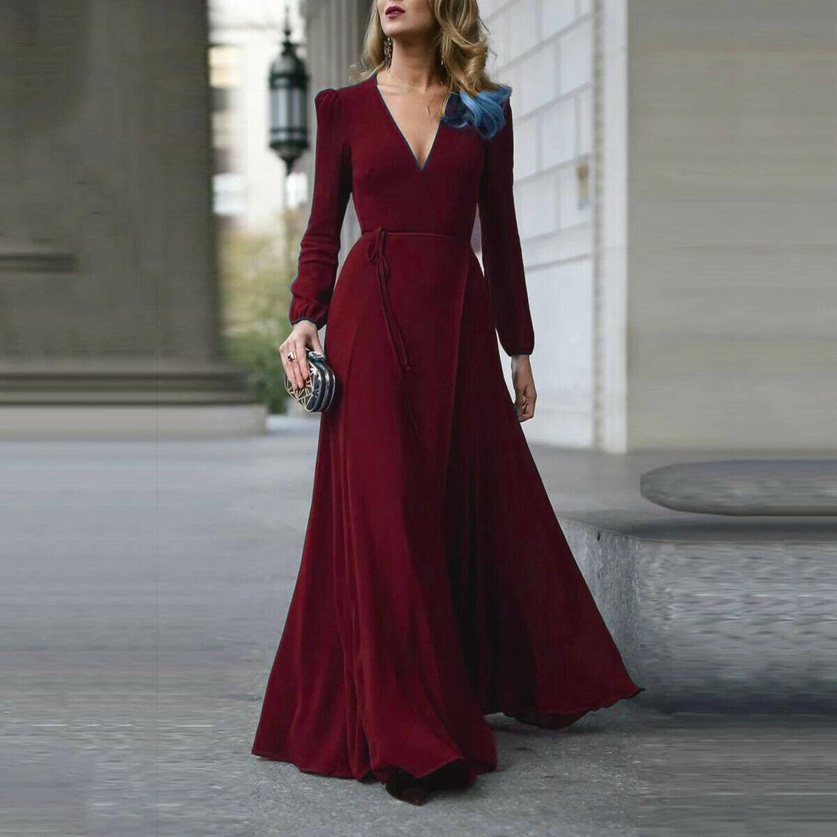 V Neck Long Sleeve Formal Maxi Dress Solid color Bandage Office Ladies Evening Party Prom Gown Women Autumn Dresses
