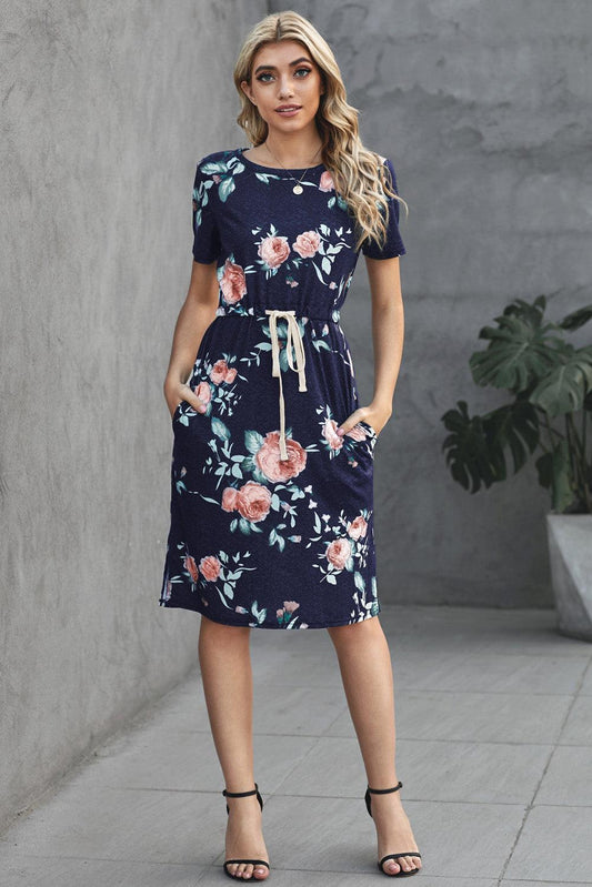 Dark Gray Short Sleeve Pocketed Drawstring Casual Floral Dress