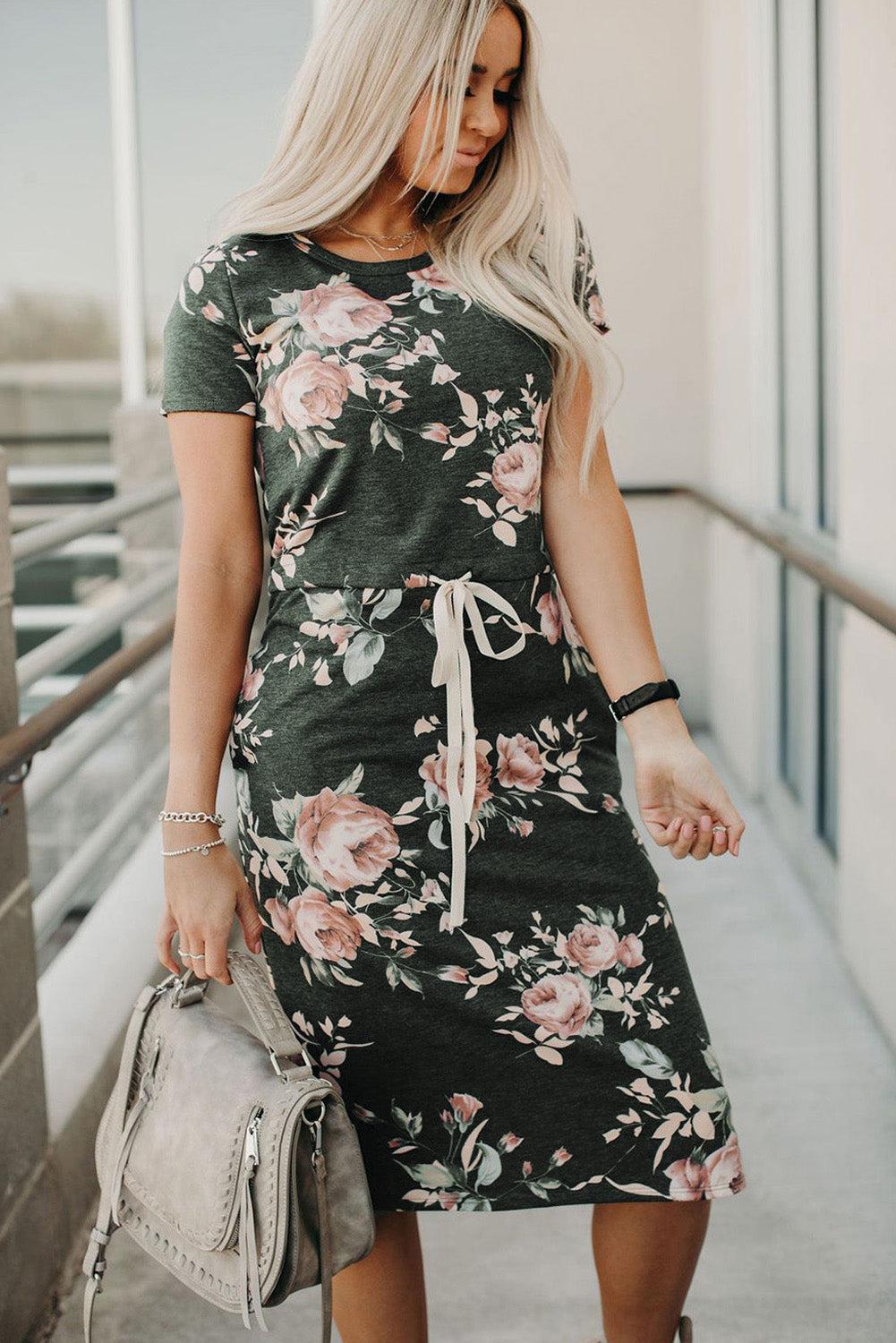 Dark Gray Short Sleeve Pocketed Drawstring Casual Floral Dress
