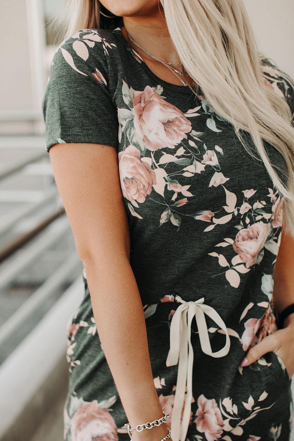 Dark Gray Short Sleeve Pocketed Drawstring Casual Floral Dress