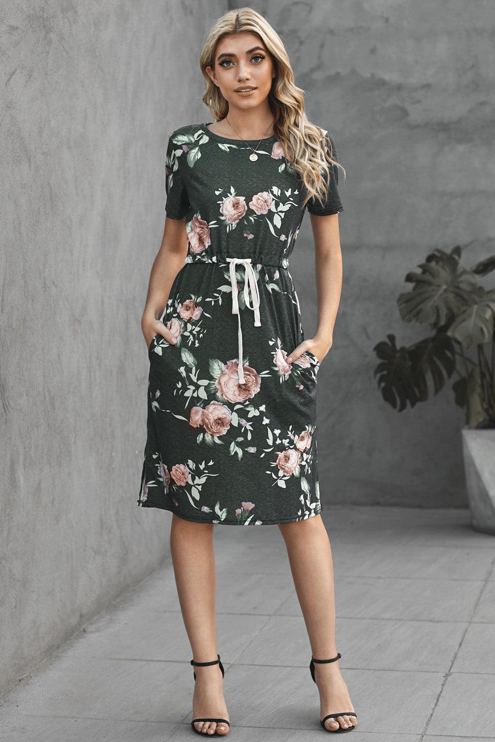 Dark Gray Short Sleeve Pocketed Drawstring Casual Floral Dress