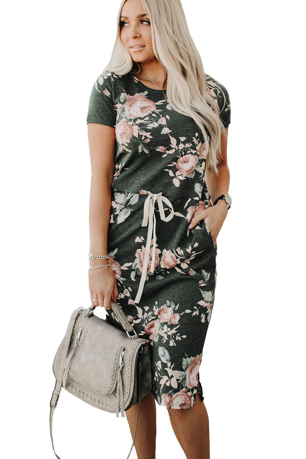 Dark Gray Short Sleeve Pocketed Drawstring Casual Floral Dress