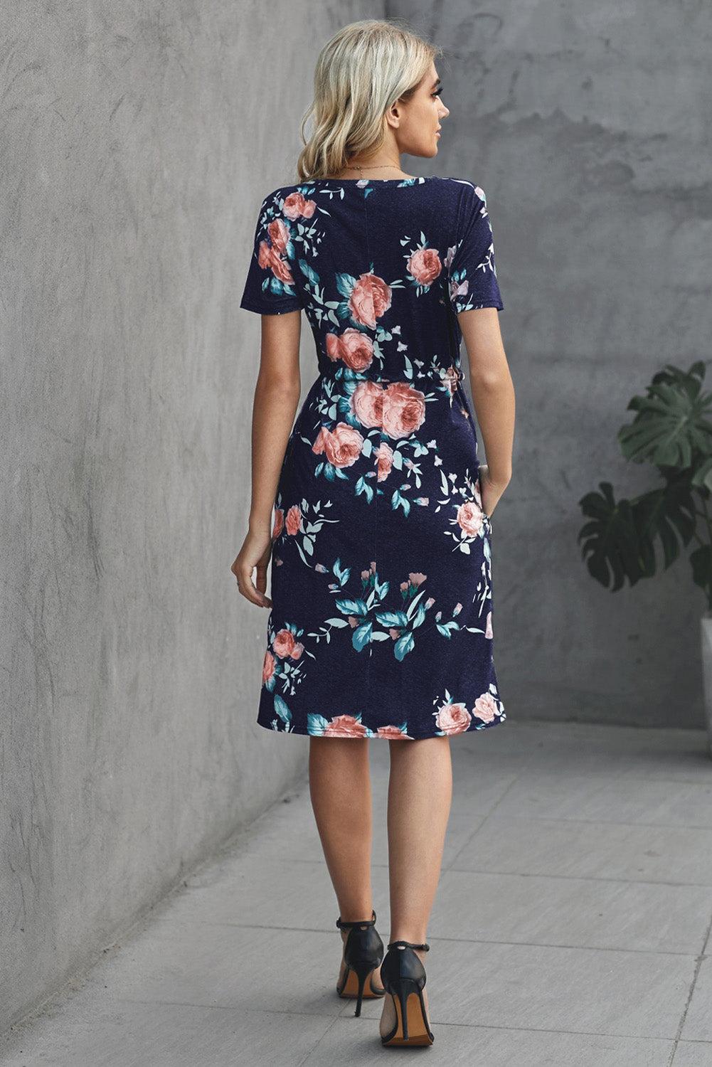 Dark Gray Short Sleeve Pocketed Drawstring Casual Floral Dress