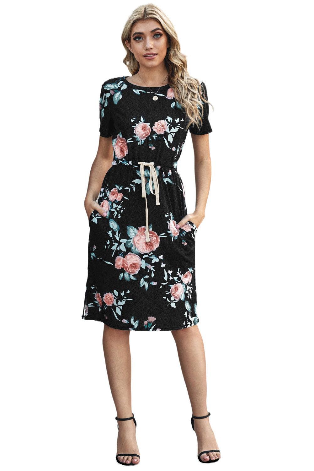 Dark Gray Short Sleeve Pocketed Drawstring Casual Floral Dress