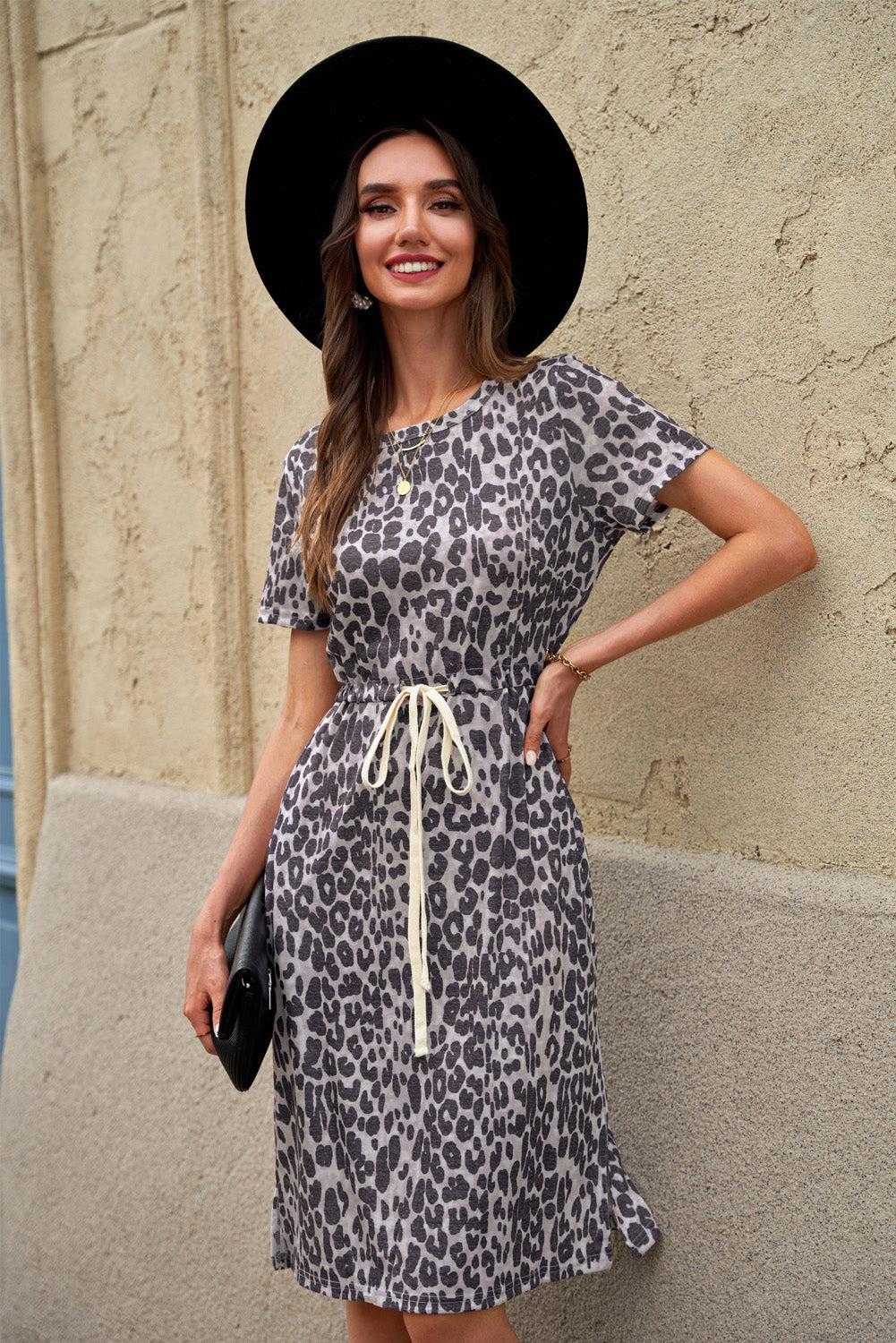 Dark Gray Short Sleeve Pocketed Drawstring Casual Floral Dress