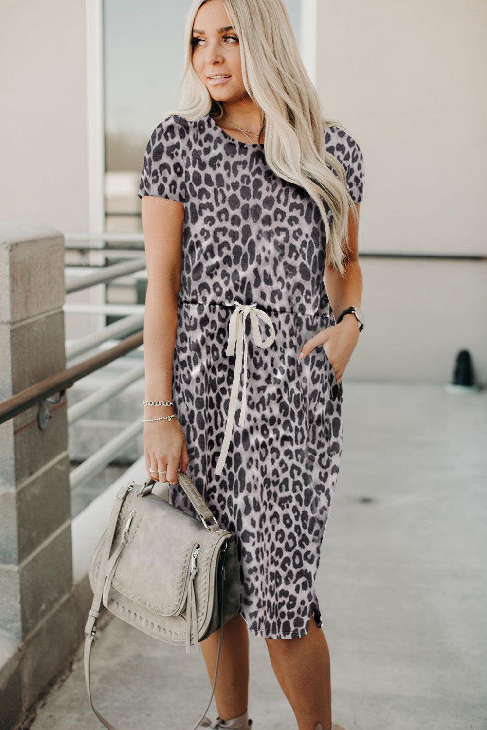 Dark Gray Short Sleeve Pocketed Drawstring Casual Floral Dress