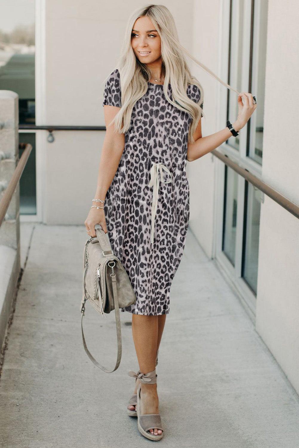 Dark Gray Short Sleeve Pocketed Drawstring Casual Floral Dress