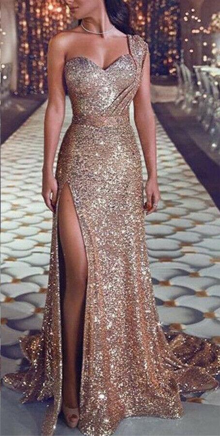 Newest Style Women Wedding Formal Gold Solid Sequin Gown Mermaid Party Ball Evening Long Dress