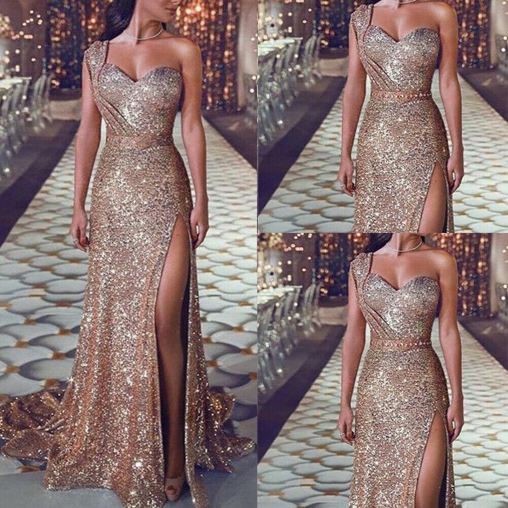 Newest Style Women Wedding Formal Gold Solid Sequin Gown Mermaid Party Ball Evening Long Dress