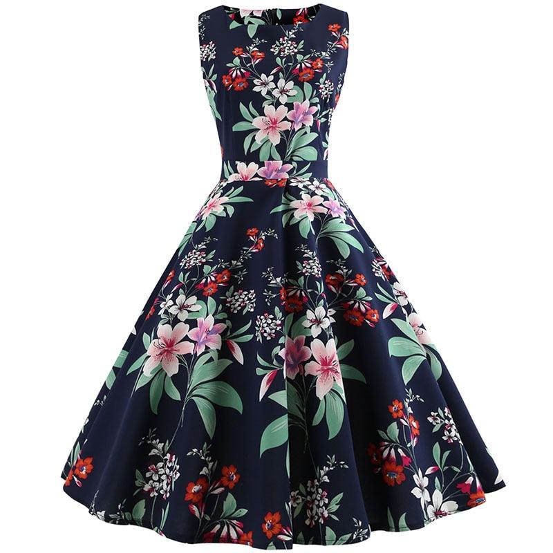 Vintage O-Neck Floral Print Summer Dress
