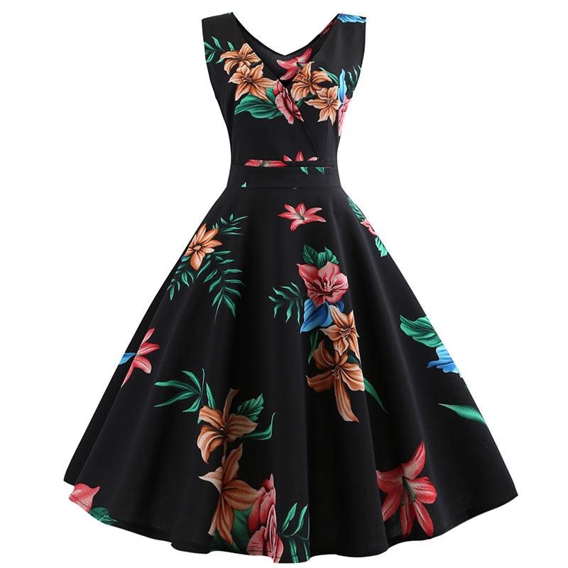 Vintage O-Neck Floral Print Summer Dress